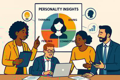 Illustration of diverse professionals collaborating with personality insights Illustration of diverse professionals collaborating with personality insights