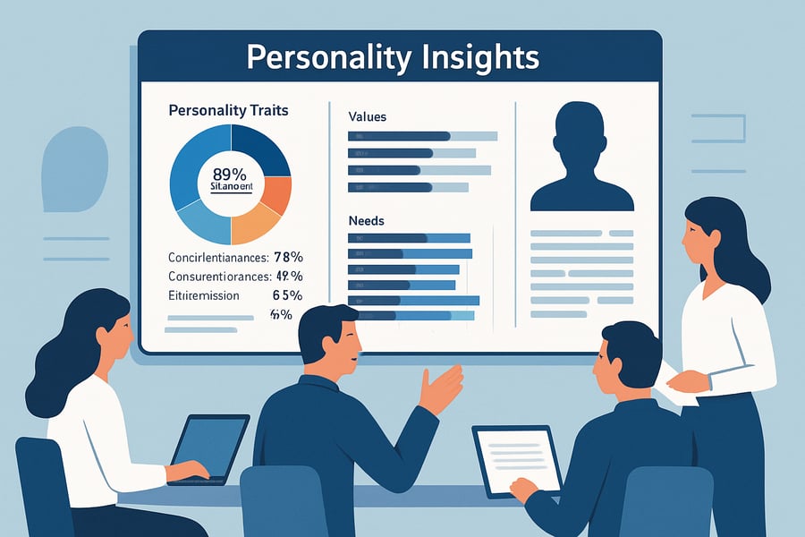 Team analyzing personality insights on digital dashboard Team analyzing personality insights on digital dashboard