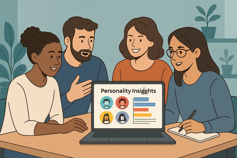 Team collaborating using personality insights platform Team collaborating using personality insights platform