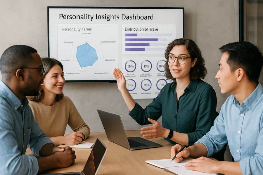 Team collaborating with personality insights dashboard